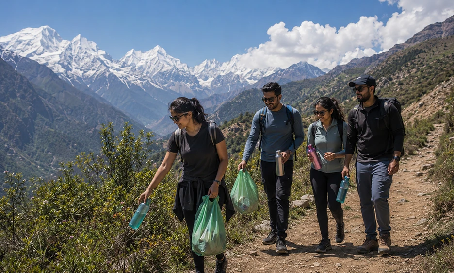 Responsible tourists following sustainable travel practices during a trip