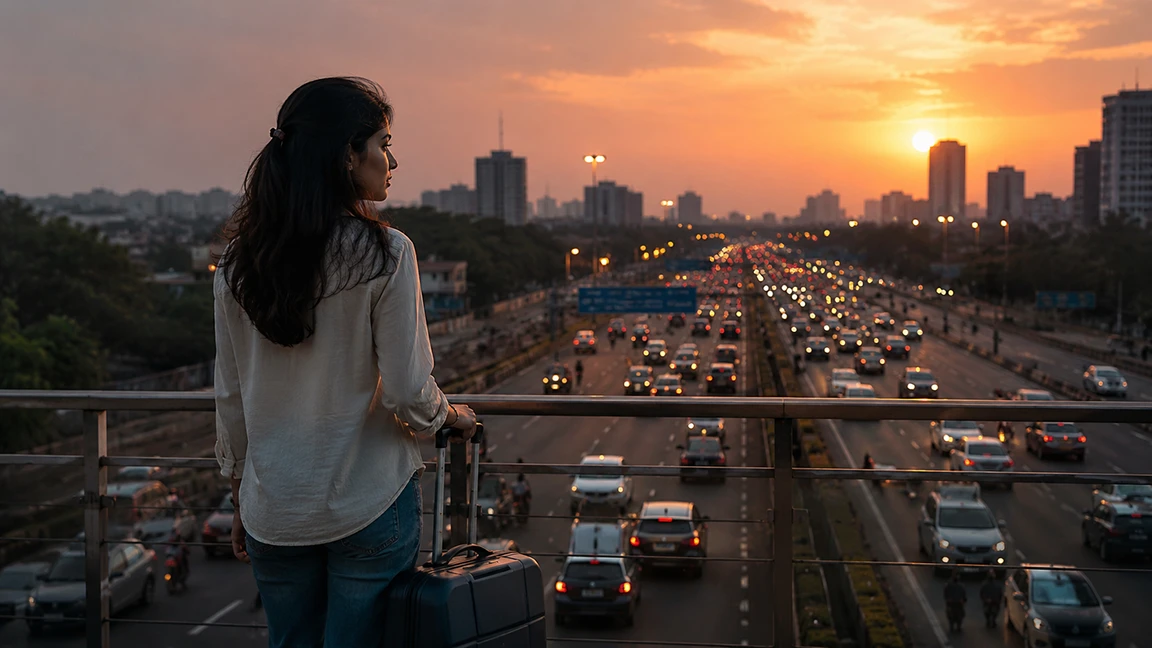 A young Indian professional standing at a crossroads — the quiet decision behind reverse migration India away from metro cities