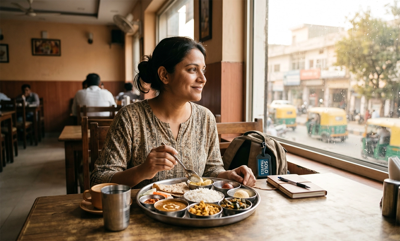 Solo traveler in India eating a traditional thali alone at a restaurant, a common experience during solo travel India