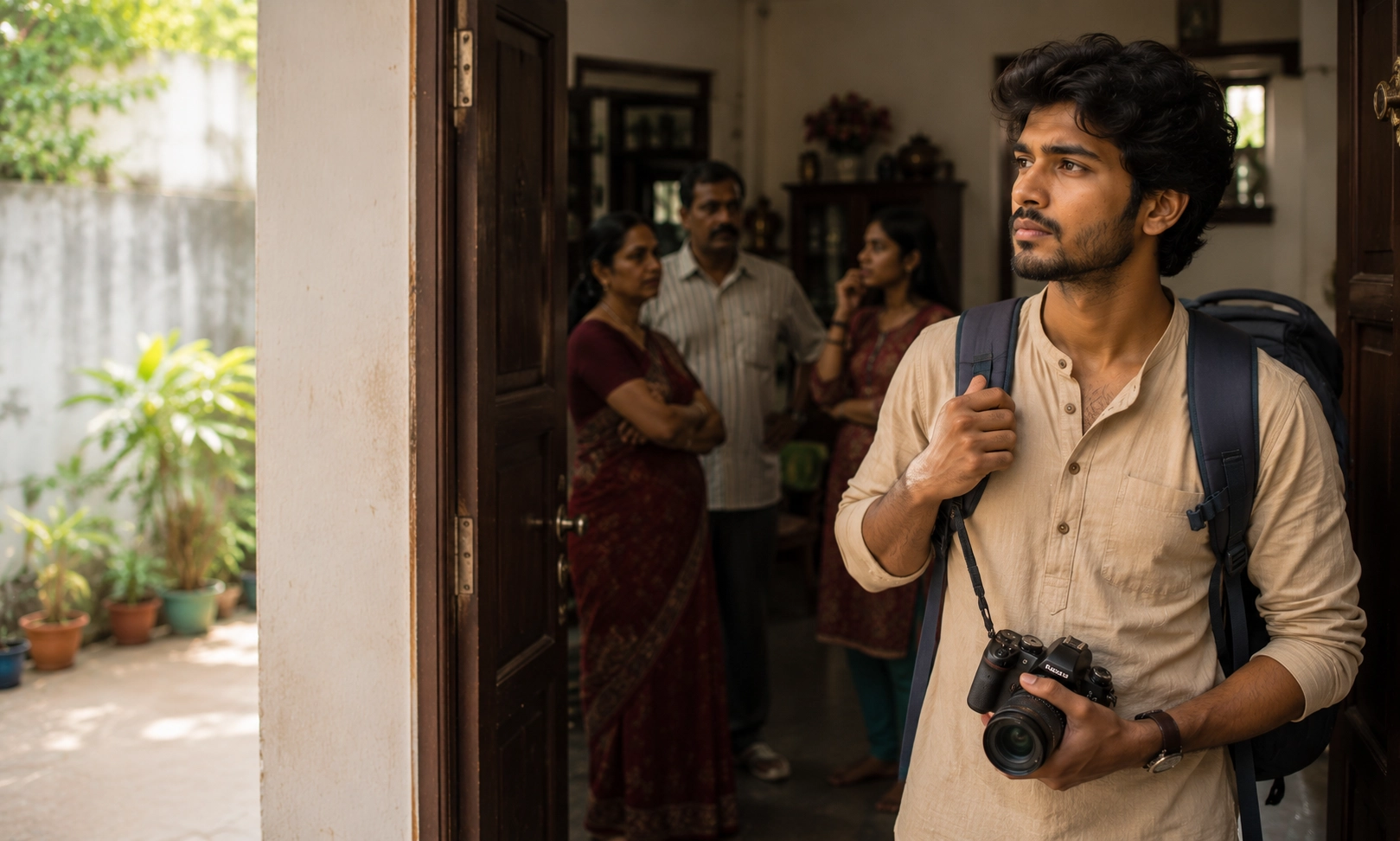 Young Indian traveler leaving home with a backpack while family members watch from inside, representing the emotional challenge of solo travel in India.