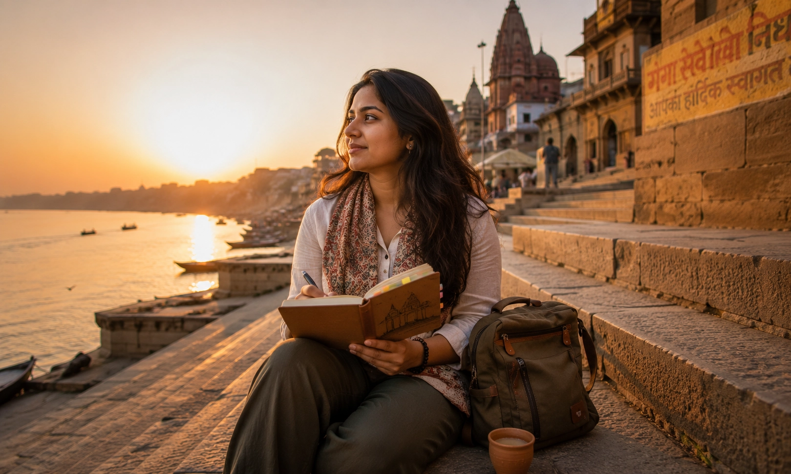 Solo traveler writing in journal at Indian ghats during golden hour, capturing the meditative side of solo travel India