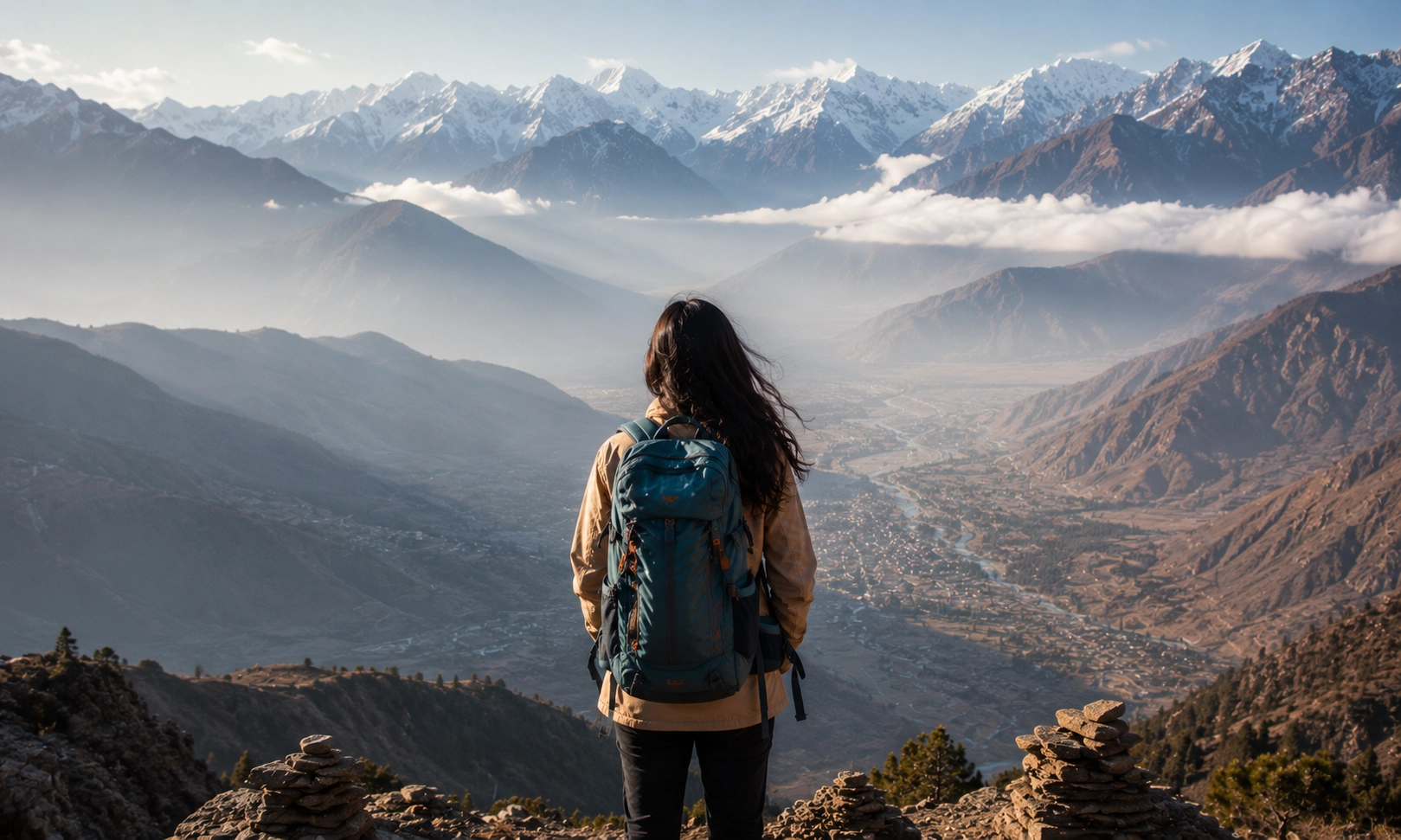 Solo traveler standing alone at a Himalayan viewpoint, the freedom of solo travel India captured in one frame