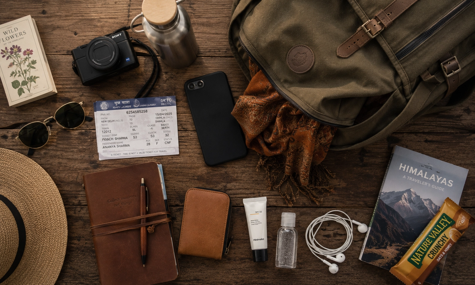 Essential items for solo travel in India including train ticket, journal, and lightweight packing