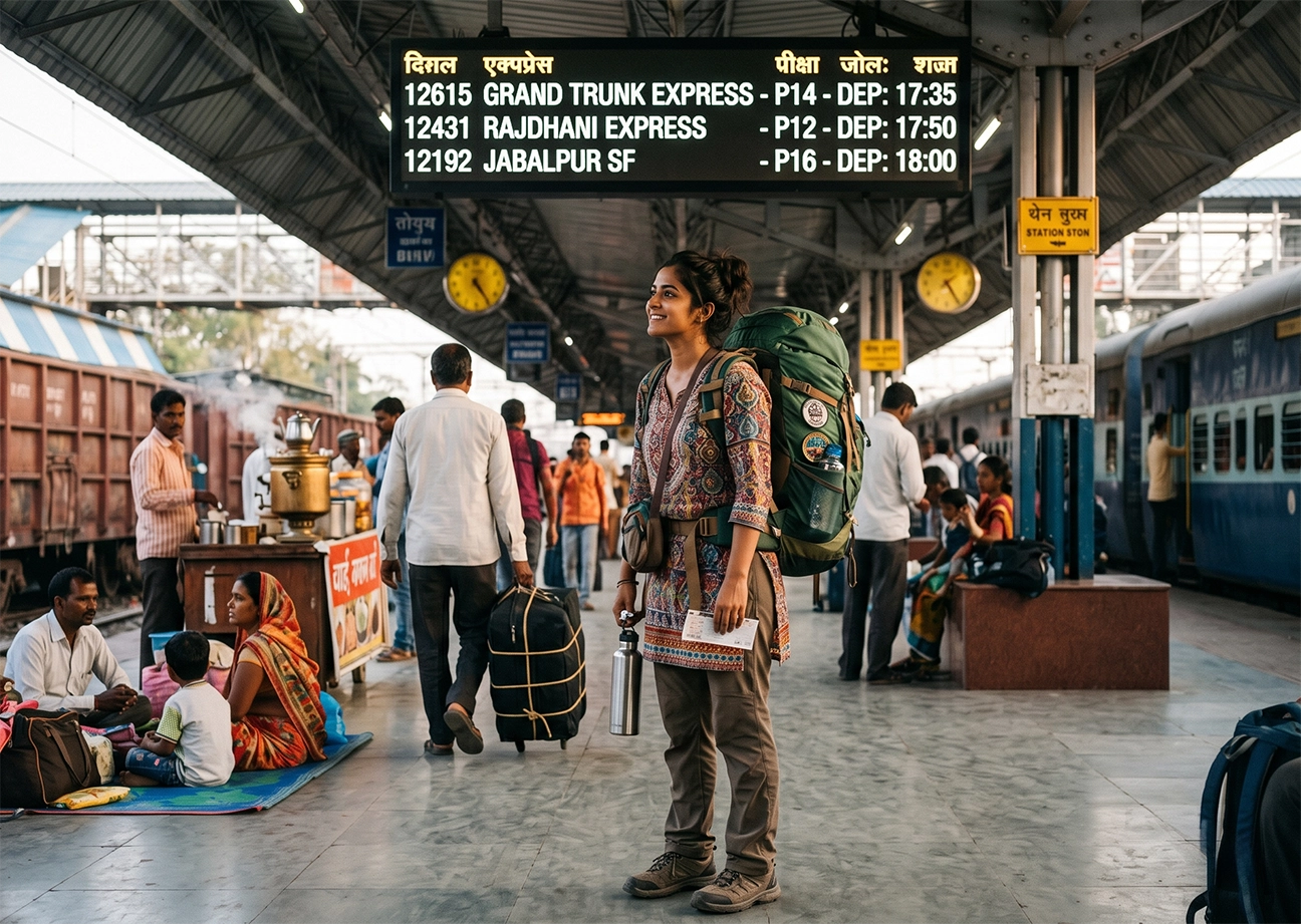 Solo traveler navigating an Indian railway station during a solo travel India trip