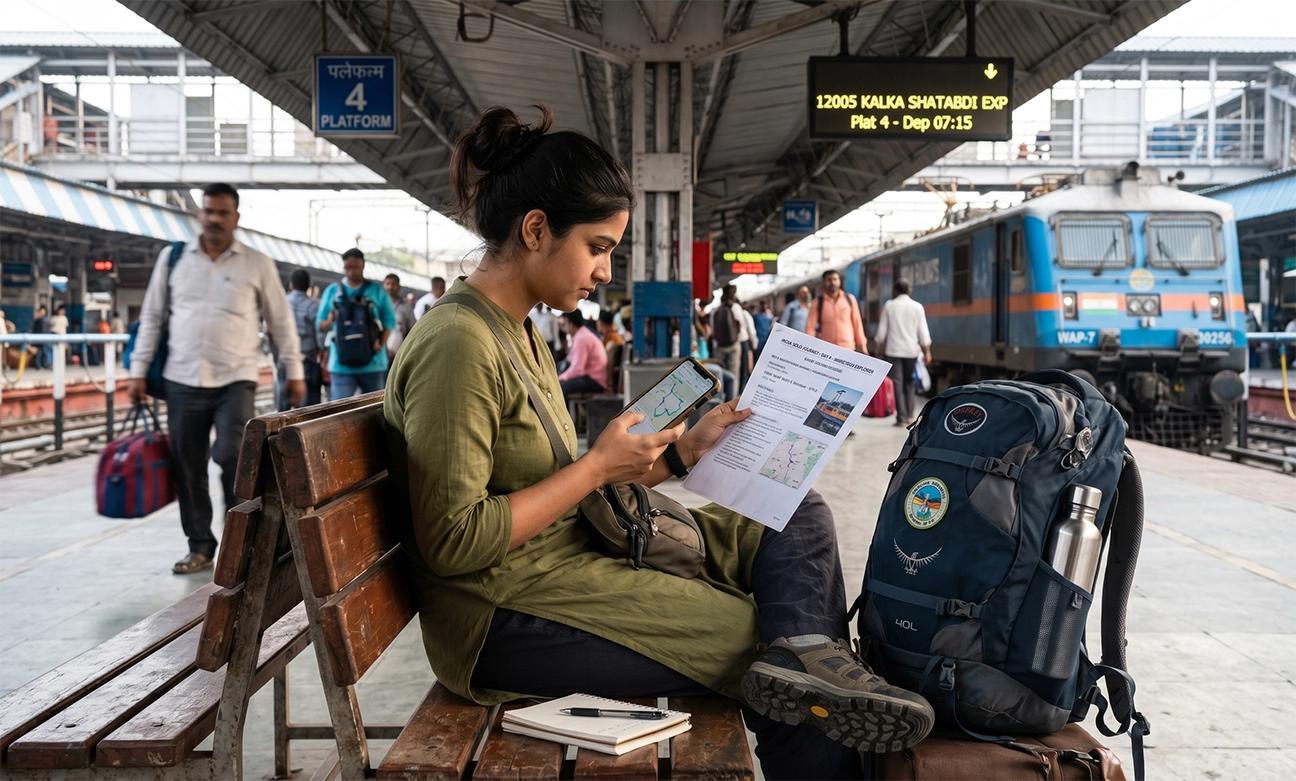 Indian solo traveler reviewing travel plans and route information at a railway station before starting a journey.