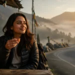 Young Indian woman enjoying solo travel in India at a mountain chai stall in the Himalayas