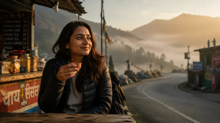 Solo Travel India: Your Key to Freedom in 2023 Young Indian woman enjoying solo travel in India at a mountain chai stall in the Himalayas