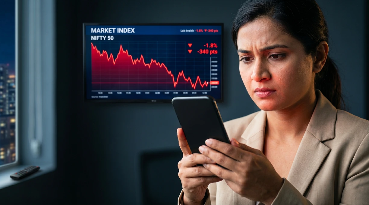 A young Indian investor checking her portfolio after the stock market crash India hit on June 8 2026