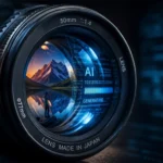 Camera lens reflecting digital AI code representing copyright and ownership questions in stock photography after AI