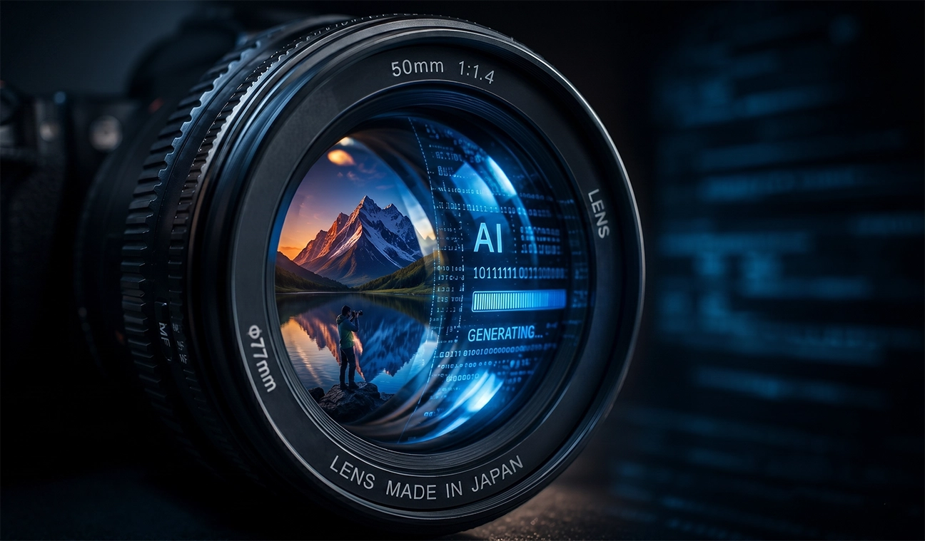 Camera lens reflecting digital AI code representing copyright and ownership questions in stock photography after AI