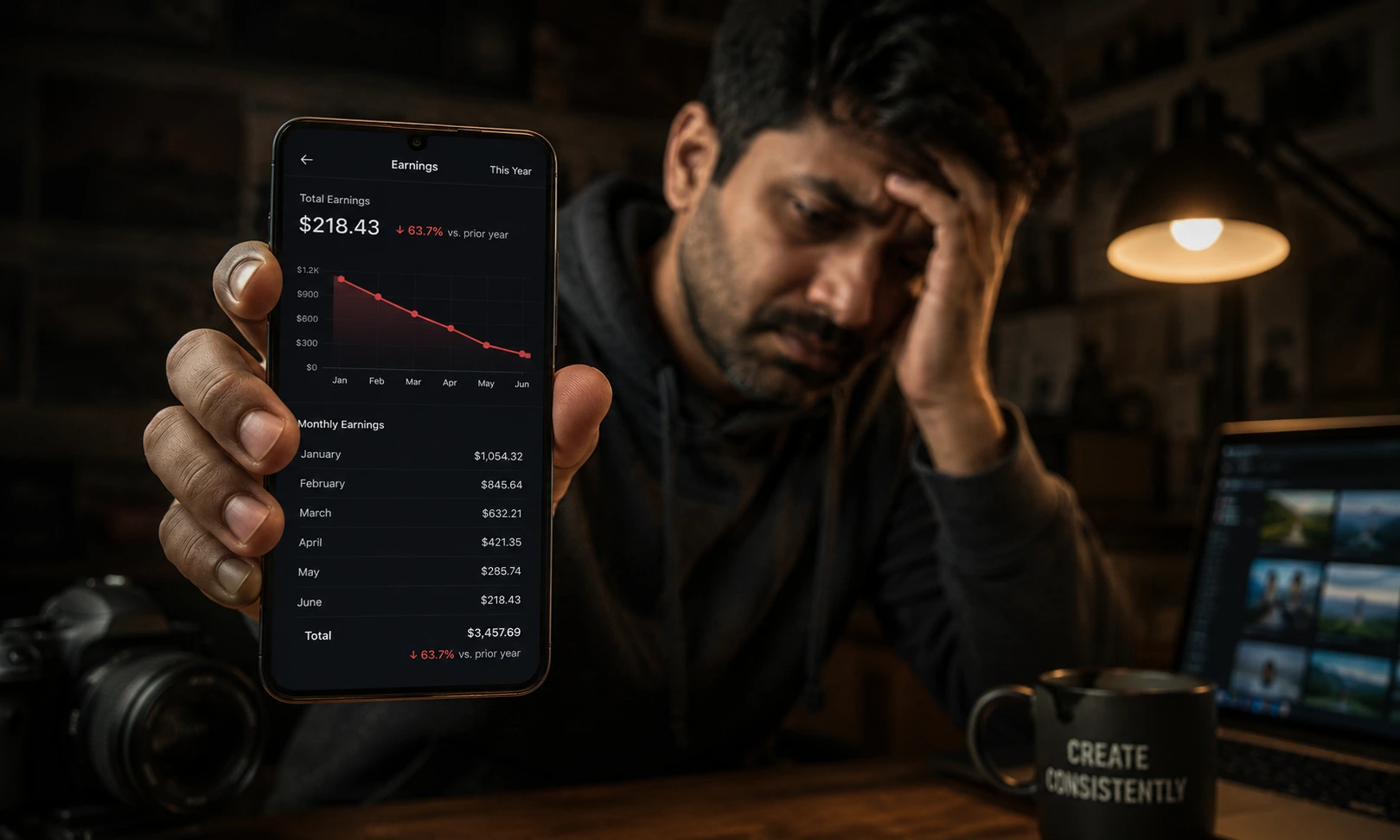 Stock photography contributor earnings dashboard showing decline as AI platforms restructure payouts in 2026