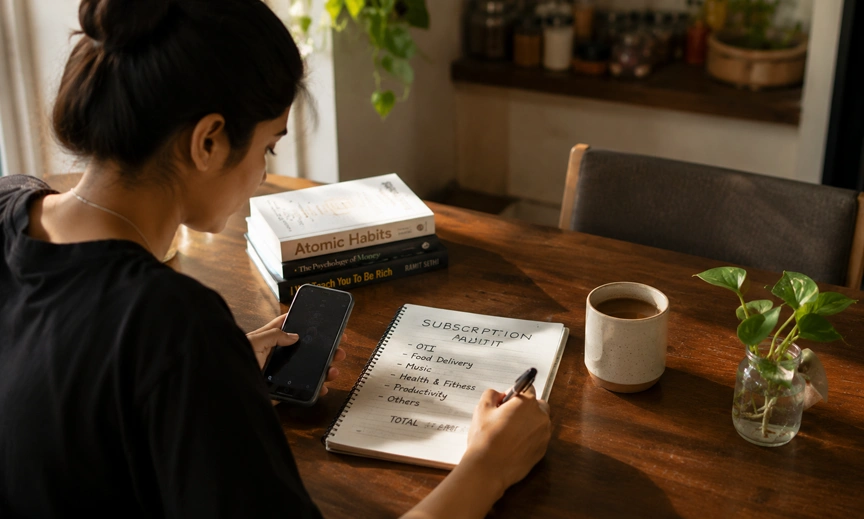 Indian professional doing a 30-minute subscription audit to cut recurring overspending costs