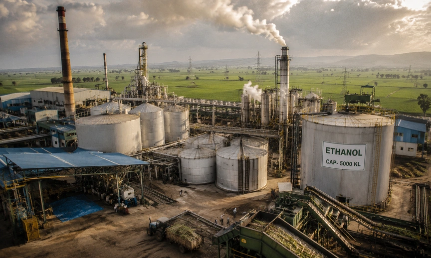 Large scale sugarcane ethanol distillery in Maharashtra showing industrial beneficiaries of India's ethanol blending programme
