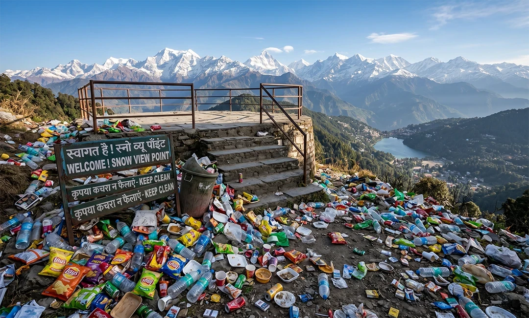 Tourism-related litter and plastic waste damaging a scenic destination in India
