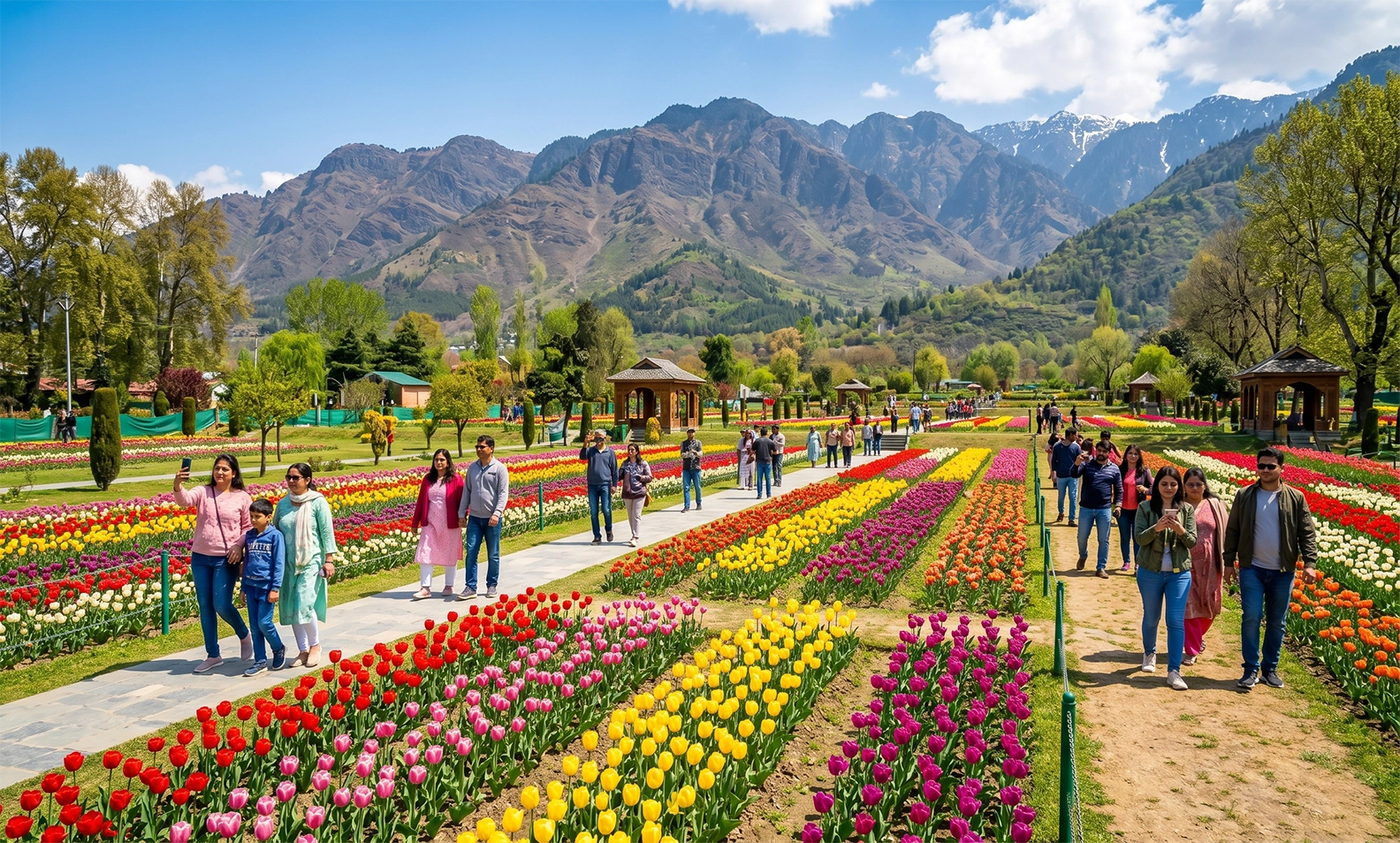 Visitors enjoying Kashmir tulip season at Srinagar Tulip Garden during spring