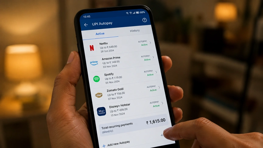 Smartphone showing UPI Autopay active mandates with multiple subscription trap charges in India