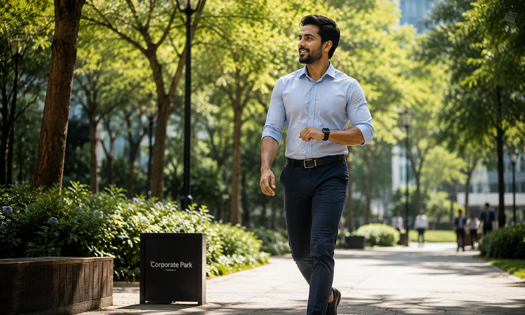 Professional taking a daily walk during a work break for better health and fitness