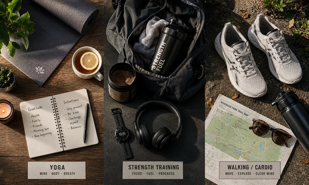 Yoga mat, gym equipment and walking shoes representing different exercise lifestyles