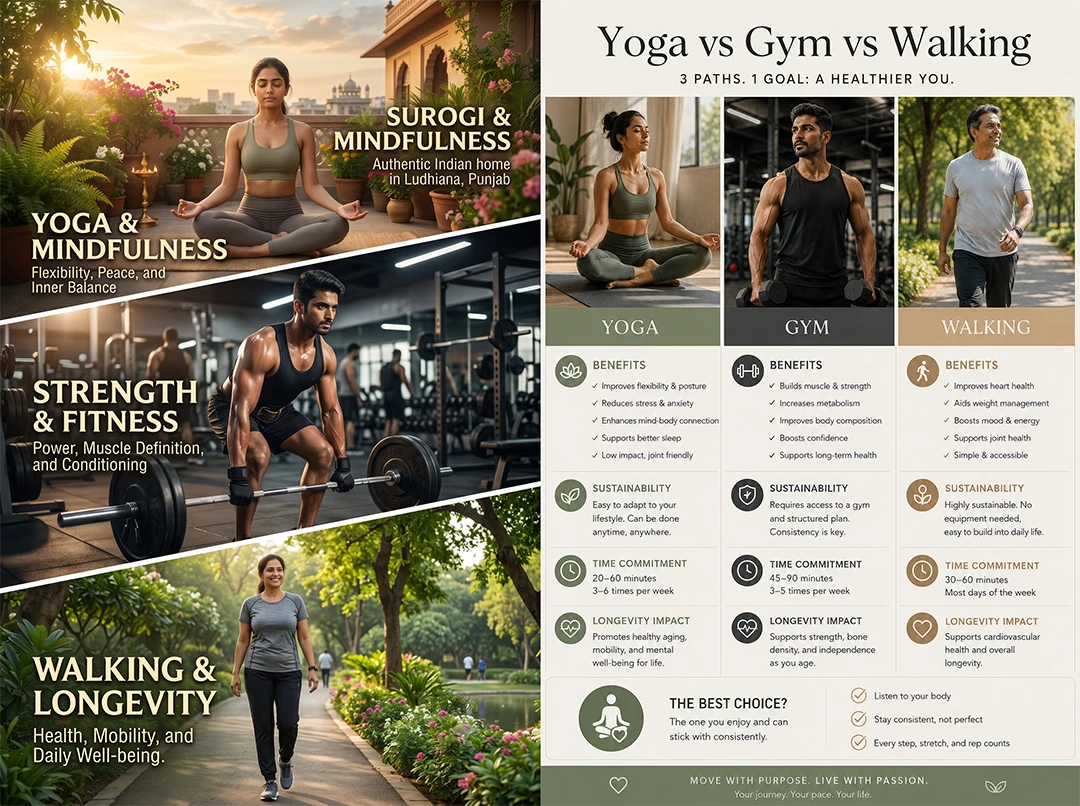 Comparison guide showing yoga, gym and walking benefits for long-term fitness success