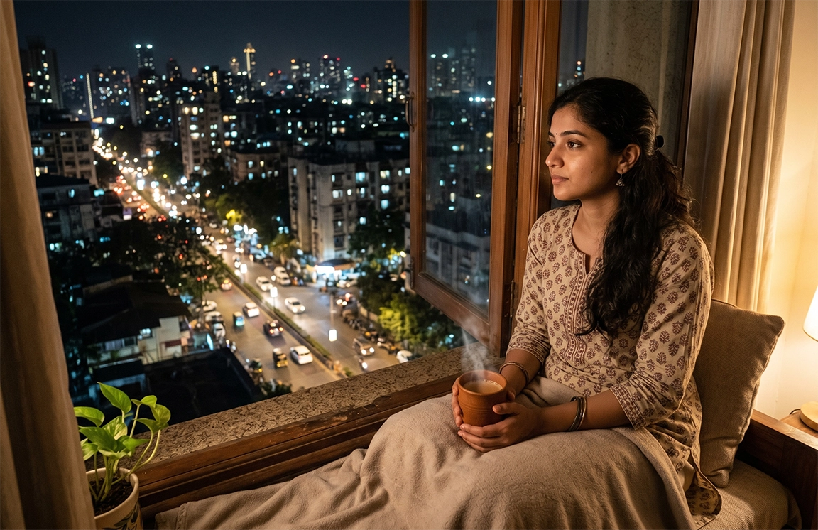 Young Indian professional finding perspective on feeling financially stuck while looking out at the city at night