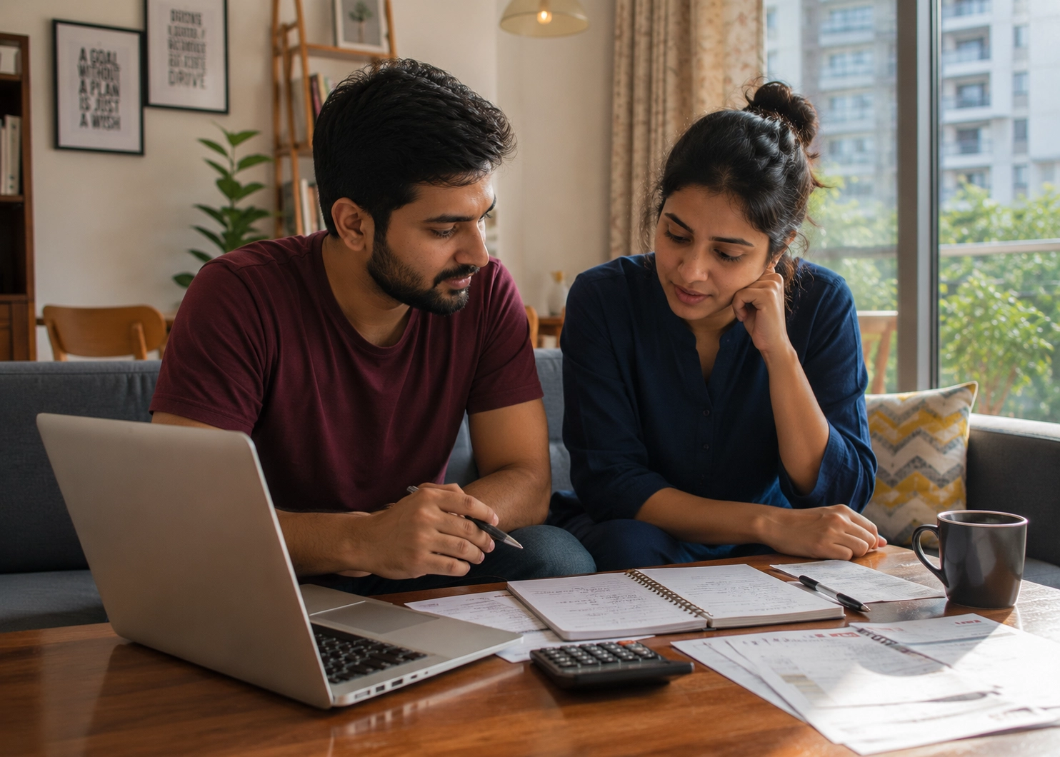 Young Indian couple taking intentional steps to address feeling financially stuck through conscious financial planning