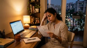 Young Indian professional woman feeling financially stuck despite earning a good salary in Delhi