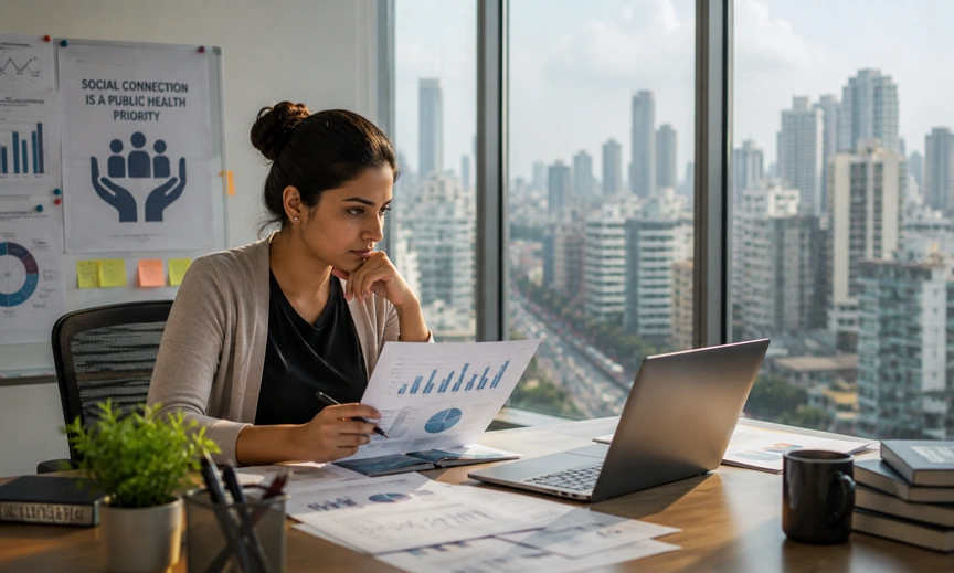 Editorial photograph of an Indian researcher studying social connection and loneliness data in a modern office with an urban city skyline in the background.