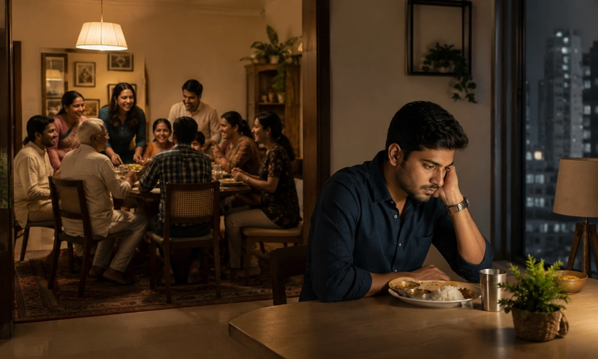 Editorial photograph showing the contrast between a traditional Indian joint family gathering and a young professional living alone in a modern urban apartment.