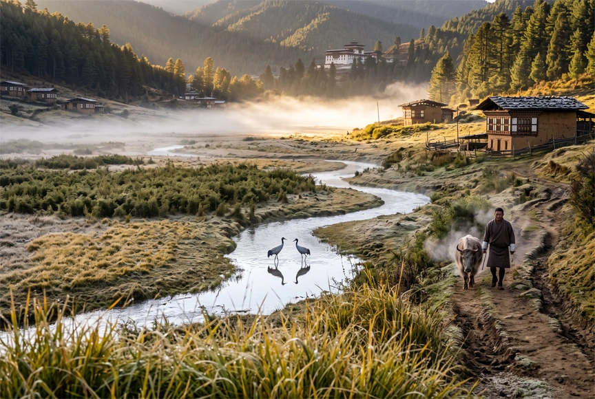 Wide, peaceful, and remarkably untouched, Phobjikha Valley offers a completely different side of Bhutan.
