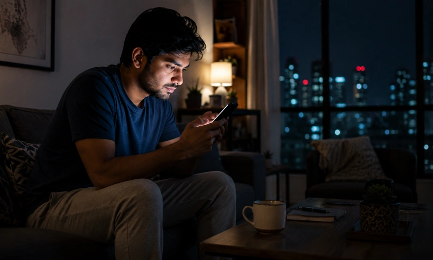 Editorial photograph of a young Indian professional alone in a city apartment, scrolling through social media while experiencing emotional loneliness despite constant online activity.