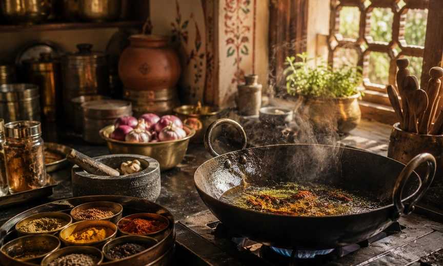 Traditional Indian kitchen reflecting Ayurvedic roots of monsoon pakora cravings