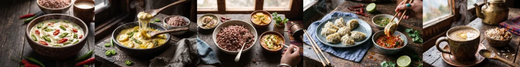 Bhutanese cuisine: Ema Datshi, Kewa Datshi, Red Rice, Momos and Suja