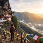 Tiger's Nest Monastery overlooking Paro Valley in Bhutan during sunrise with prayer flags, featured in a Bhutan Travel Guide for Indian travelers.