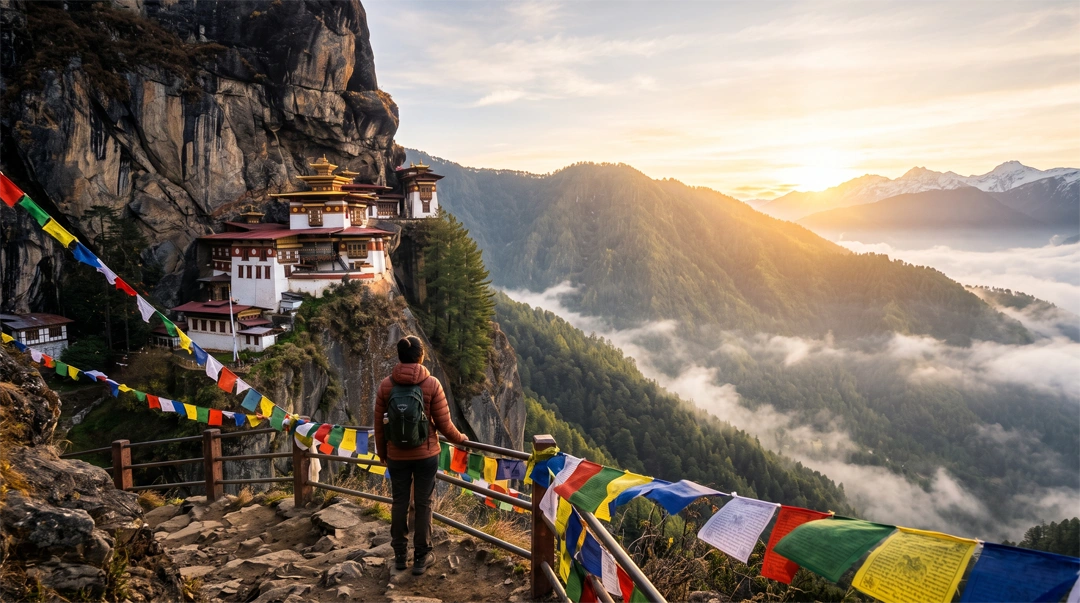 Tiger's Nest Monastery overlooking Paro Valley in Bhutan during sunrise with prayer flags, featured in a Bhutan Travel Guide for Indian travelers.