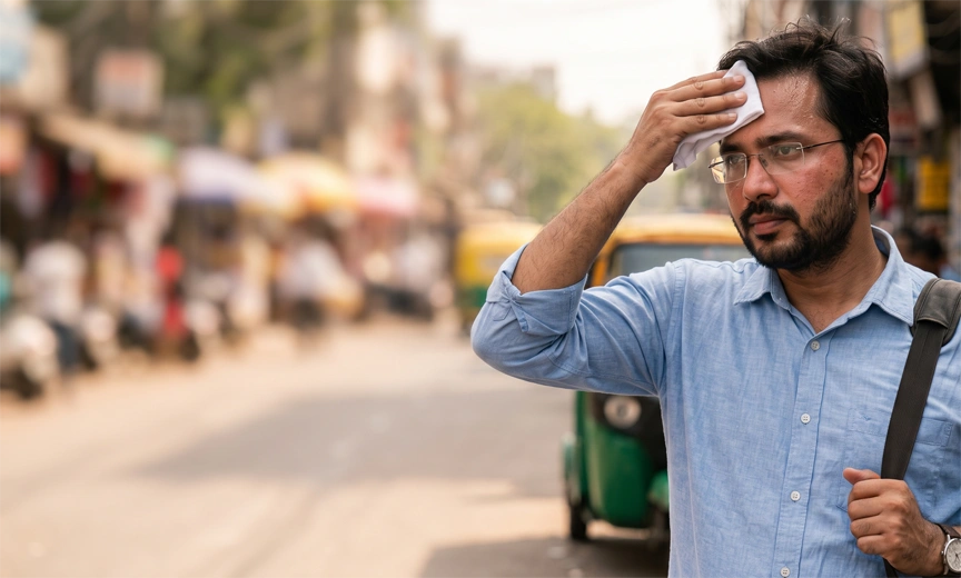 Man affected by heat and humidity overlap during weak monsoon health India conditions