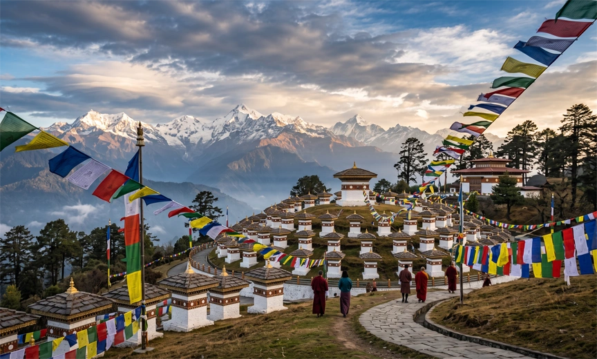 The 108 chortens at Dochula Pass with Himalayan mountain views in Bhutan.