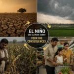Illustration showing how El Niño affects India's weather, farming, food prices and the economy