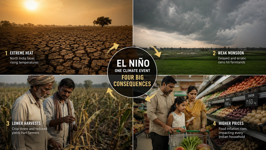 Illustration showing how El Niño affects India's weather, farming, food prices and the economy