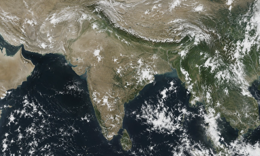 Satellite style view showing weak monsoon health India rainfall gaps across central regions