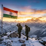 Indian Tricolour flag on a Himalayan ridge symbolizing Kargil Vijay Diwas history