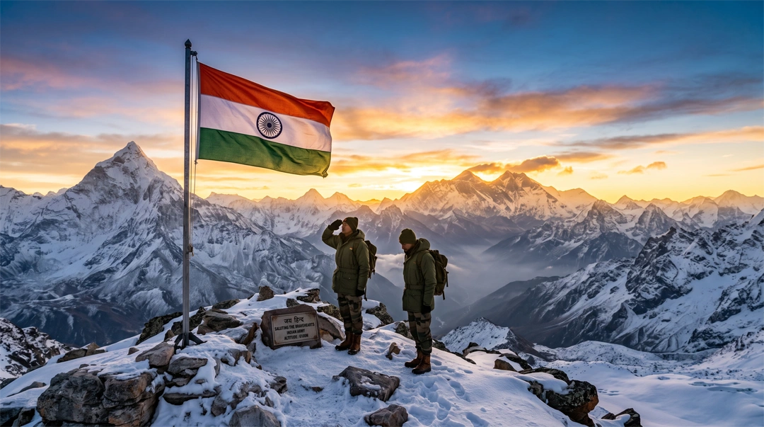 Indian Tricolour flag on a Himalayan ridge symbolizing Kargil Vijay Diwas history