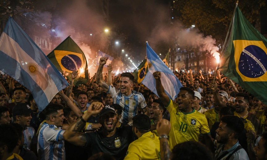 Nighttime celebration blending Argentina and Brazil colors, the shared spirit of Kerala Bengal football fandom