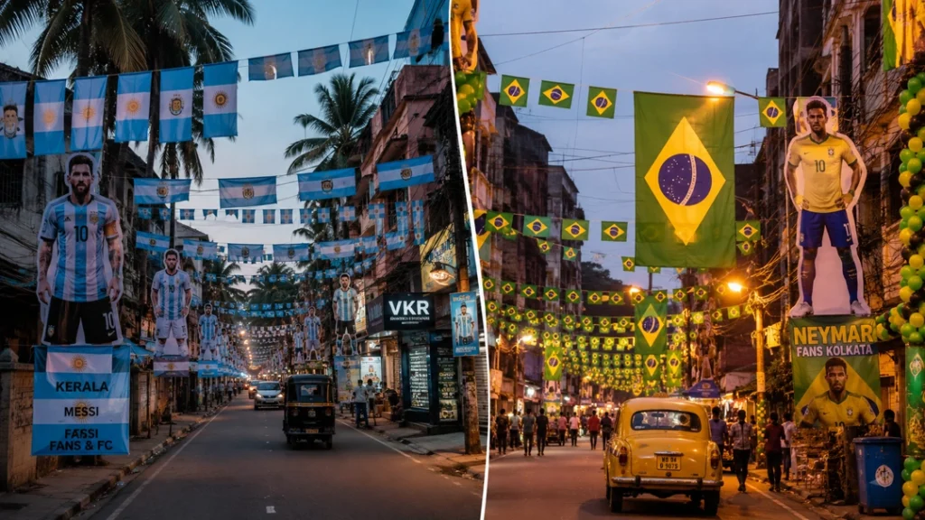 Split scene comparing Kerala Bengal football fandom for Argentina and Brazil