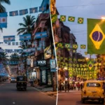 Split scene comparing Kerala Bengal football fandom for Argentina and Brazil