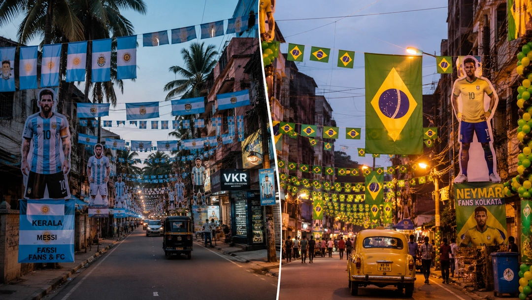 Split scene comparing Kerala Bengal football fandom for Argentina and Brazil