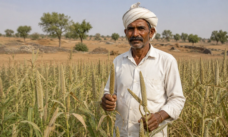 Millet farmer working rainfed land where glycemic index research shows genuine crop hardship