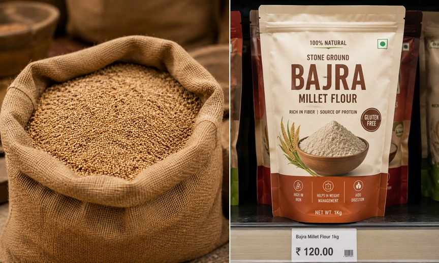 Raw millet grain versus premium branded millet flour showing the retail price gap