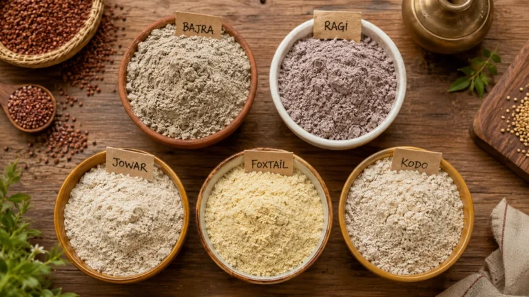 Millets Glycemic Index: 7 Honest Facts Before You Switch Five different millet flour types compared for glycemic index in an Indian kitchen