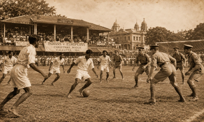 Historical illustration of the 1911 match that founded Bengal football fandom