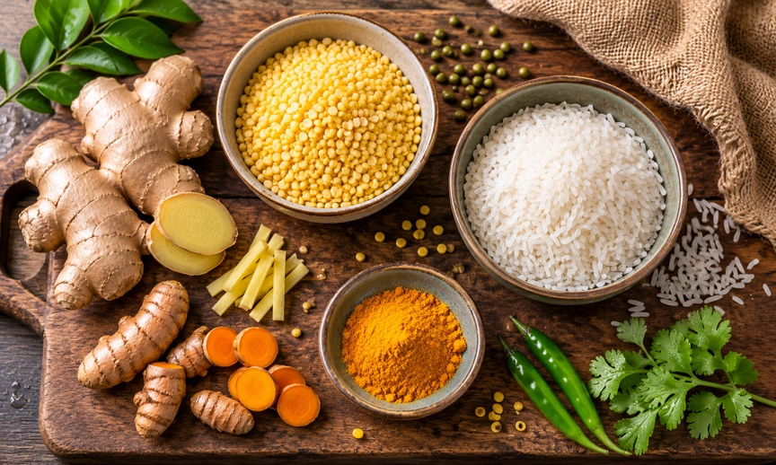 Ayurvedic ingredients recommended for monsoon gut health India including ginger and turmeric